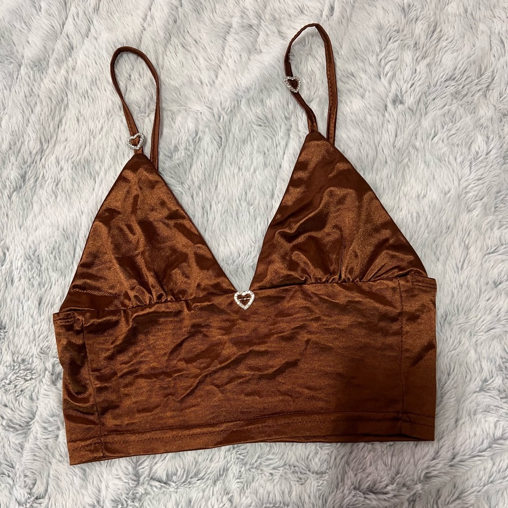 Brown Satin Heart Rhinestone Crop Tank Top